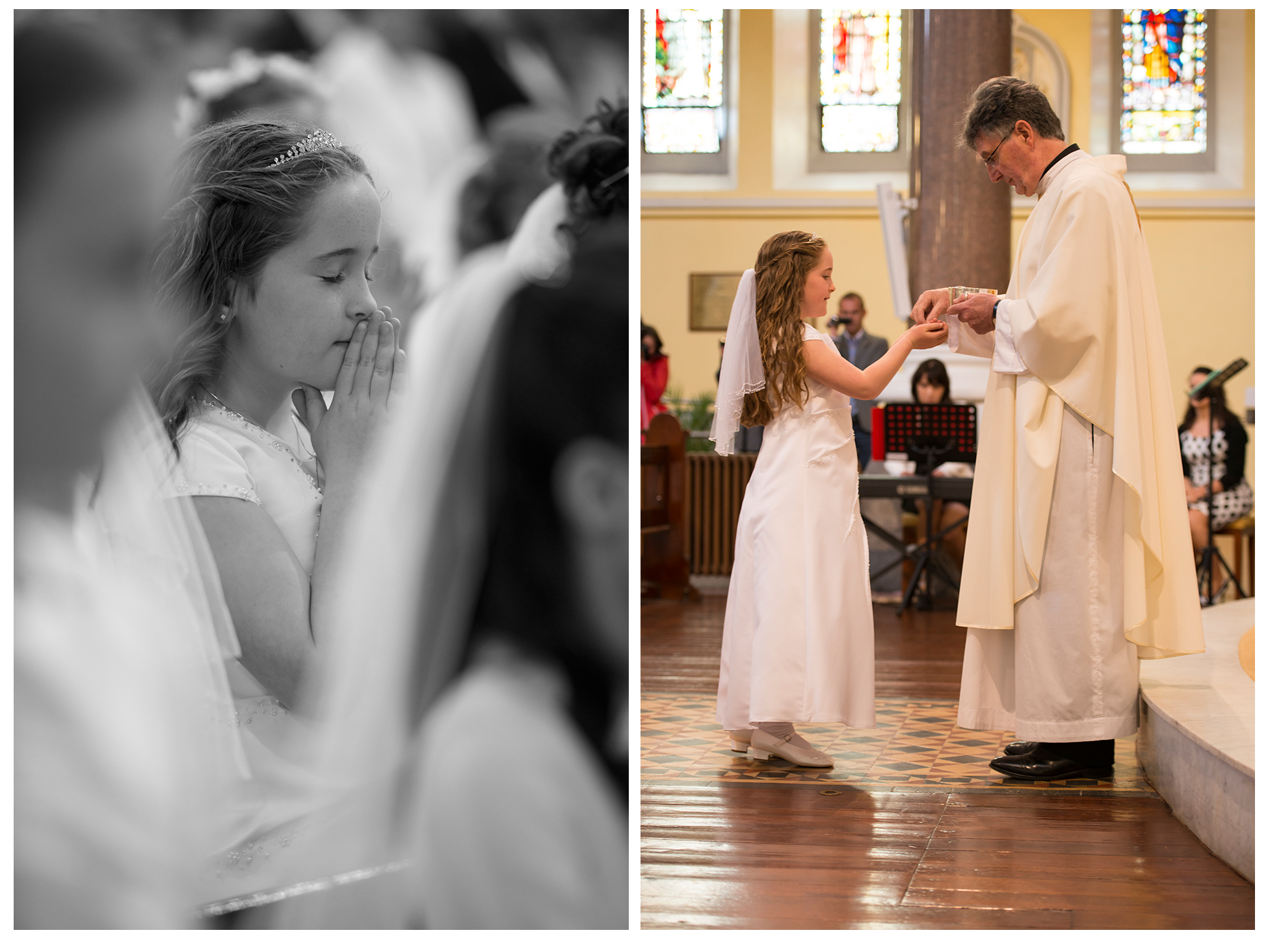 photographer in the church photographing first holy communion, communion girl