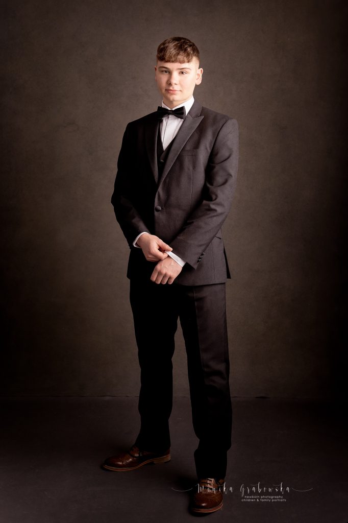 portrait of teenager in tuxedo from photo session in Clonmel
