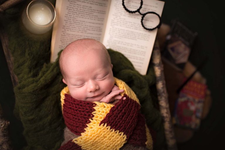 newborn baby boy photographed in Harry potter styled session by photographer in Limerick
